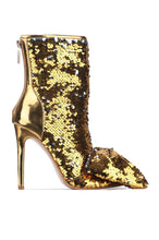 Load image into Gallery viewer, Gold Bow Sequin Bootie