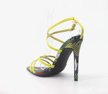 Load image into Gallery viewer, Yellow Multi Snake Strappy Heels