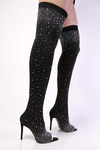 Rhinestone Thigh High Stocking Peep Toe Boots