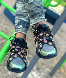 Chunky Green Mesh Jeweled Sneaker