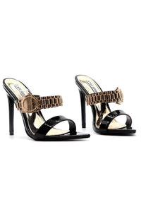 Black & Gold Watch Strap Mule Sandals