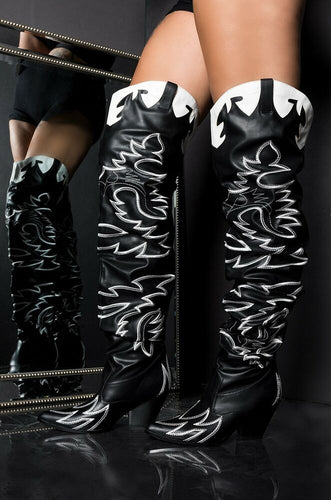 Black & White Slouchy Thigh High Cowgirl Boot