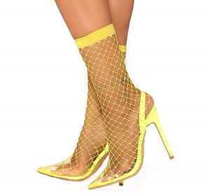 Yellow Fishnet Slingback Heels